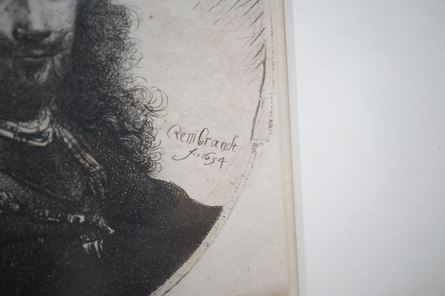 After Rembrandt (Dutch, 1606-1669), two 19th century etchings comprising Self portrait and ‘J Wtenbogaert, American preacher’, one signed in the plate, largest 23 x 18cm. Condition - fair